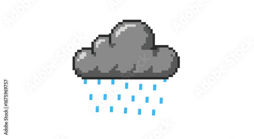 Pixel art illustration of a dark, stylized cloud with falling blue raindrops, symbolizing rainy weather conditions and precipitation in a digital, retro-inspired aesthetic