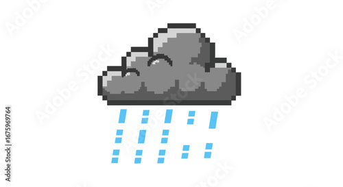 Pixel art illustration of a dark, stylized cloud with falling blue raindrops, symbolizing rainy weather conditions and precipitation in a digital, retro-inspired aesthetic
