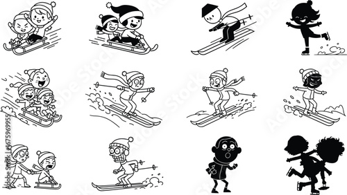 Winter sports children silhouettes, skiing, snowboarding, sledding, ice skating, snowball fight, outdoor fun, cold weather activities, playful kids, seasonal recreation