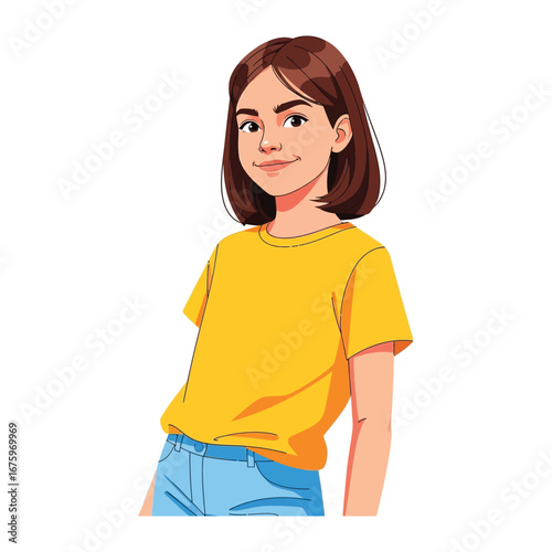 Confident Young Woman in Casual Attire: This digital illustration of a stylish young woman exudes confidence and charm, radiating a natural, approachable elegance in her simple attire.