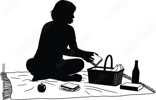Woman sitting on blanket having a picnic, preparing sandwich with basket, bottle, and food items in outdoor leisure vector scene.