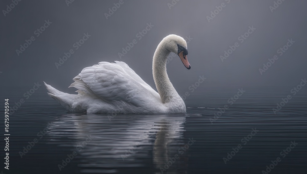 Fototapeta premium Elegant swan in tranquil water, misty background