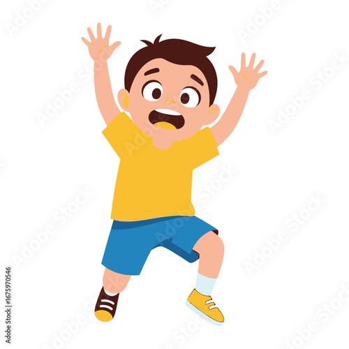 Frightened Boy in Action: A digitally crafted illustration of a young boy with a shocked expression, arms raised, illustrating common childhood fears and anxieties in a universally relatable style.