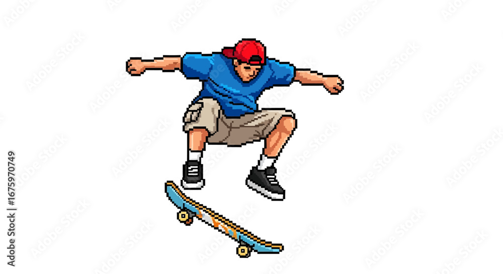 Fototapeta premium Pixel art illustration of a young skateboarder in a red cap performing a mid-air jump, capturing the essence of retro gaming and street sport culture
