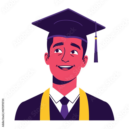 Portrait of a Graduate: A young male graduate, adorned in a traditional cap and gown, radiates optimism and confidence as he gazes upward.