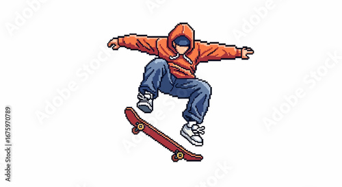 Pixel Art Skater Dynamic Illustration of a Skateboarder Executing an Air Trick