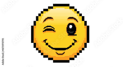 Pixel Art Wink Emoji with Yellow Hue and Nostalgic Vibe on a Clean White Background