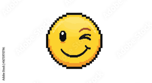 Pixel art winking face emoji isolated on a white background. A yellow circular emoticon with a playful wink and smile, representing a retro 8-bit digital graphic design