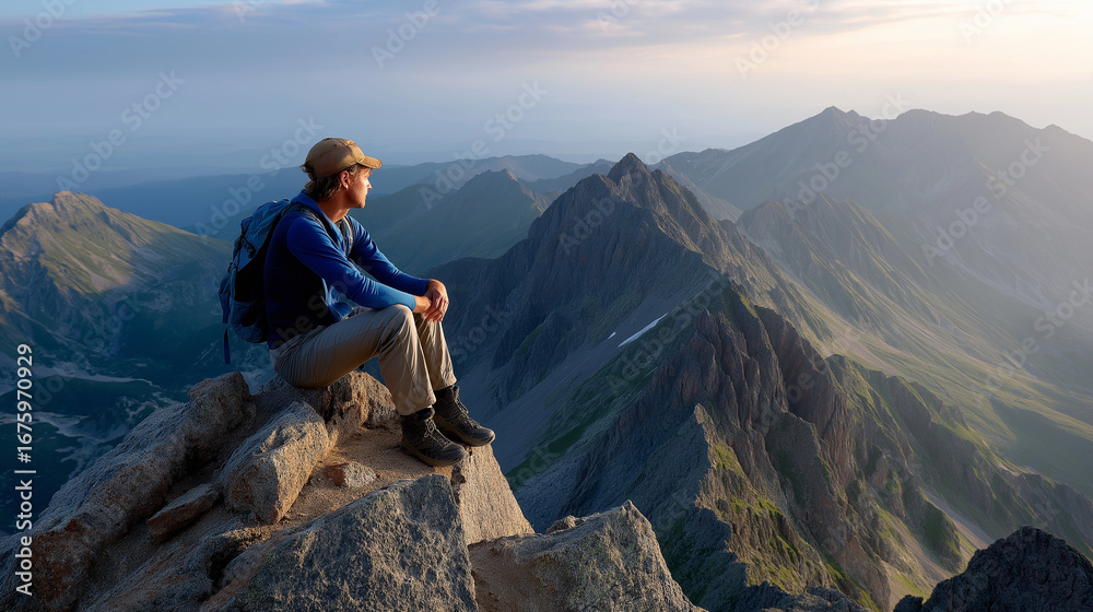 Fototapeta premium A hiker rests on a peak, the majestic scene illuminated by soft light. Hiker, peak, with copy space