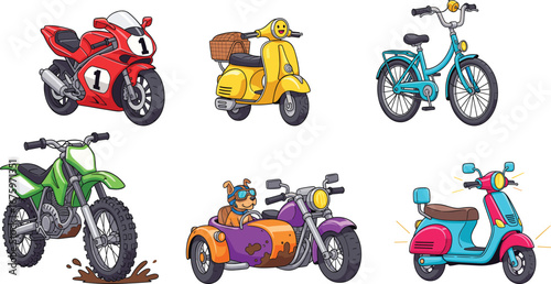Cartoon bikes and scooters, racing motorcycle, dirt bike, sidecar dog, bicycle, colorful transport, kid-friendly vector set, stock illustration