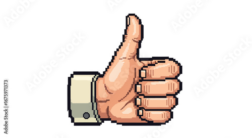 A vibrant pixelated thumbs-up gesture, symbolizing approval, positivity, and agreement in a retro digital art style for modern interfaces and communication