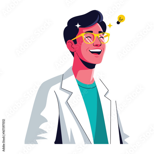 Eureka Moment: A smiling person with glasses experiencing a creative idea, the eureka moment is an instant and exciting burst of creativity and innovation in a simple illustration.