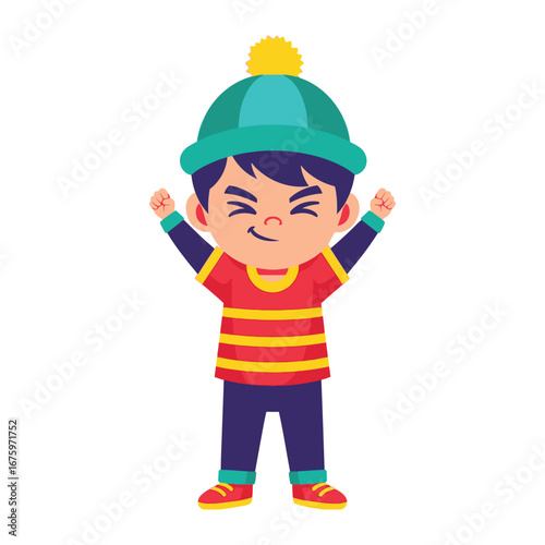 Joyful Youngster in Winter Attire: A cheerful young child, donned in cozy winter wear, beams with delight and a vibrant energy as they play with glee and exuberance.