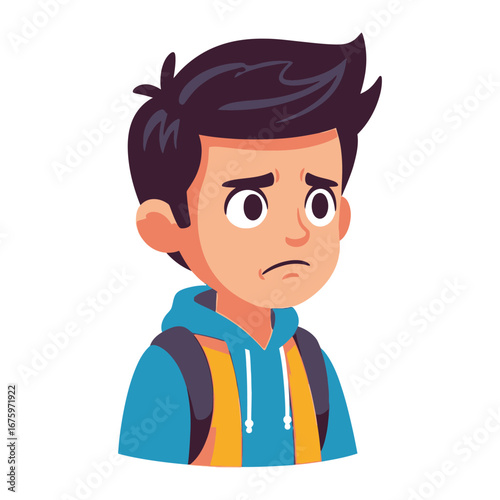 Boy's Unhappy Expression: A young boy with a backpack shows a sad expression, which may be the result of loneliness or difficulty