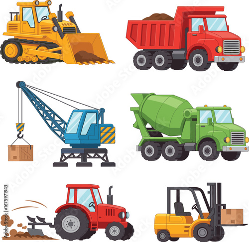 Cartoon construction vehicles, bulldozer, dump truck, crane, cement mixer, forklift, tractor, industrial machines, kid-friendly vector set, stock art