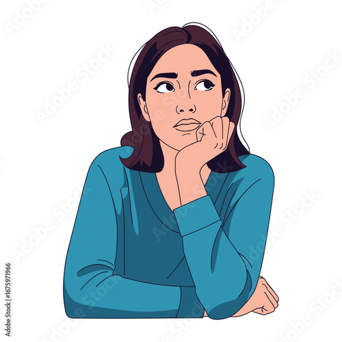 Woman lost in Thought: A portrait of contemplation, depicting a woman deep in thought, her gaze drifting upwards as she reflects on an idea, in a captivating illustration.