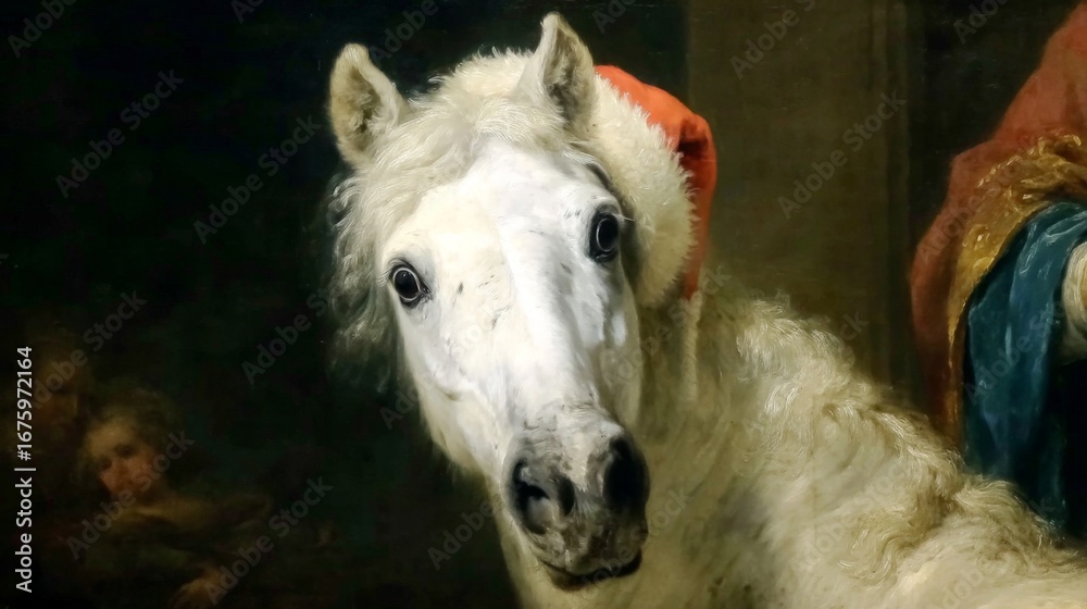 Fototapeta premium A festive white horse with a cheerful expression wearing a red Santa hat. This charming image combines humor and holiday spirit in a traditional painting style. Perfect for seasonal themes. AI