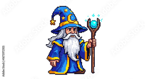 Pixel Art Fantasy Wizard with Glowing Magic Staff