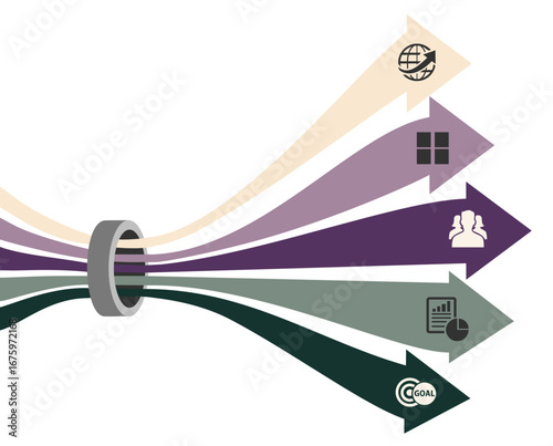 Parallel lanes with arrows going through a metal ring, symbolizing project phases or streams, products, features or business areas. Concept for business, consulting, and process analysis.