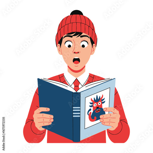 Intrigued Boy Reading a Storybook: An illustration captures a young boy's astonished expression as he reads a captivating storybook, immersing himself in the imaginative world within.