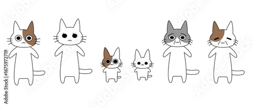 シンプルで可愛いネコのキャラクター家族が並ぶイラスト。親猫と子猫が一緒に描かれた、癒し系のデザイン素材。フラットでデフォルメされたユーモラスな猫たちのベクターイラスト｜猫,ネコ,キャラクター,家族,親子,かわいい