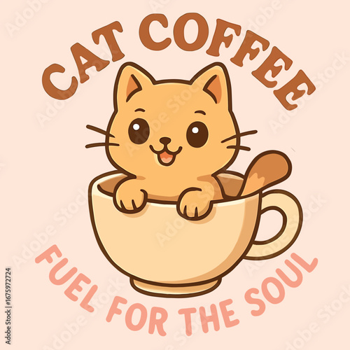 Cute kawaii cat in a coffee cup with text cat coffee fuel for the soul