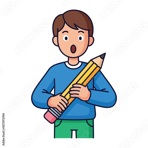 The Wonder of Idea: A young boy, caught in a moment of inspired insight, holds a giant pencil, the tool of creativity and imagination, with a vibrant color palette. 