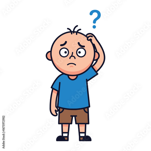 Puzzled Kid: A confused child with a blue question mark overhead, pondering a complex issue, hand to his head. Represents thought and query