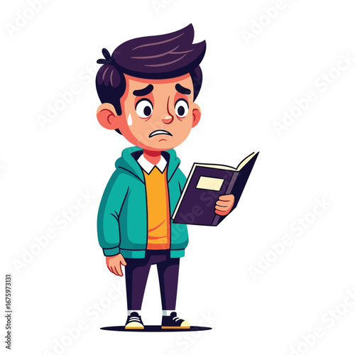 Overwhelmed Boy with Book: An illustration of a young boy, anxiety etched across his face, clutching a book in his hand. Reflecting on the universal experience of stress and its effect on the youth.