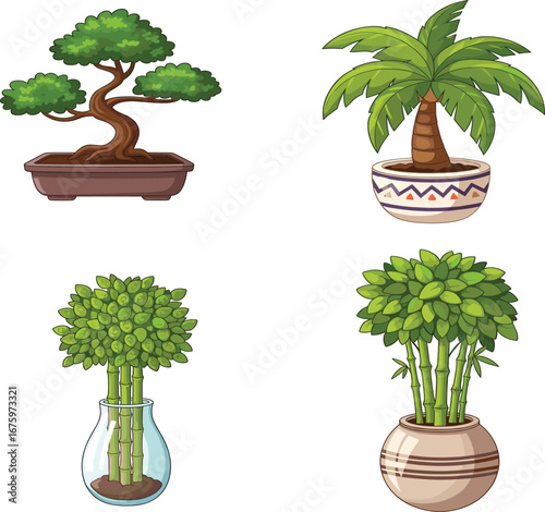 Cartoon potted plants, bonsai, palm, lucky bamboo, decorative indoor greenery, vector illustration bundle, home decor art, stock design assetsCartoon potted plants, bonsai, palm, lucky bamboo,  