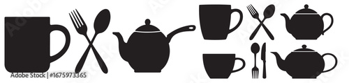 Black silhouettes of cups teapots and silverware arranged on a white background in a simple design