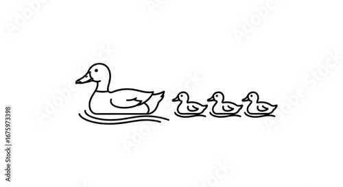 A mother duck with three ducklings swimming in a row, a simple line art icon.