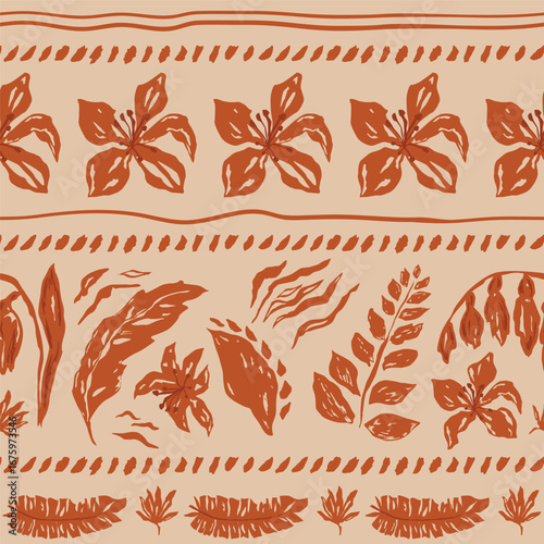 Brown tropical boho striped seamless pattern. Summer botanical dry palm leaves, flowers, hand drawn texture. Ethnic border, organic print, wallpaper, background, textile design, vector hippie ornament