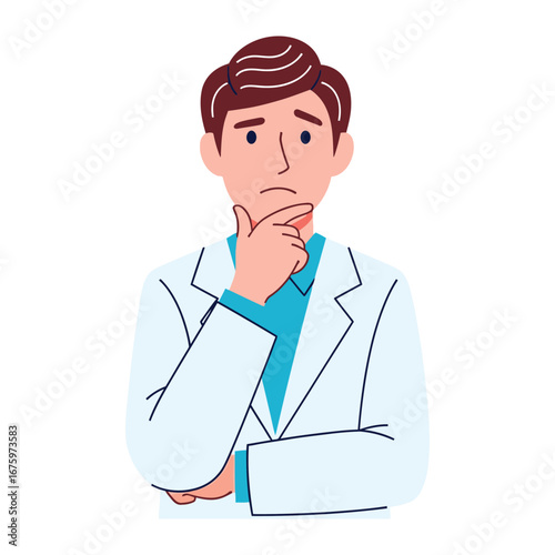 Contemplative Professional: A doctor stands with a thoughtful expression, touching his chin in deep consideration, embodying the focus and seriousness of healthcare decisions