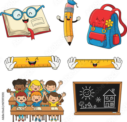 Cartoon school supplies, kids in classroom, education tools, blackboard drawing, cheerful characters, learning, student desks, fun school scene, child-friendly