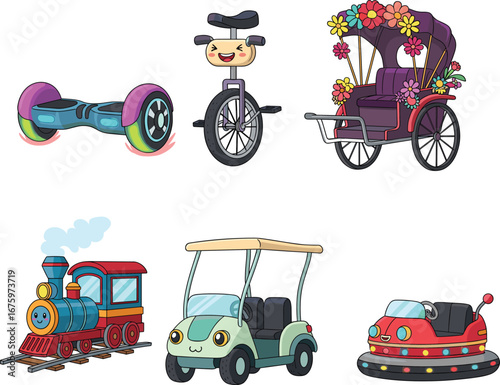 Cartoon transportation set, hoverboard, unicycle, rickshaw, steam train, golf cart, bumper car, cute, colorful, vector, retro, modern, vehicle, cartoon, stock, playful, 