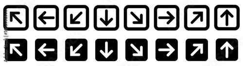 Set of black arrow direction icons in square frames