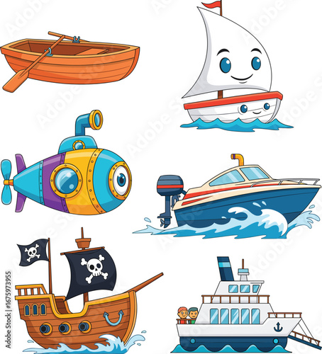Cartoon watercraft set, rowboat, sailboat, submarine, motorboat, pirate ship, ferry, cute, colorful, vector, nautical, transport, marine, cartoon, stock, playful, 