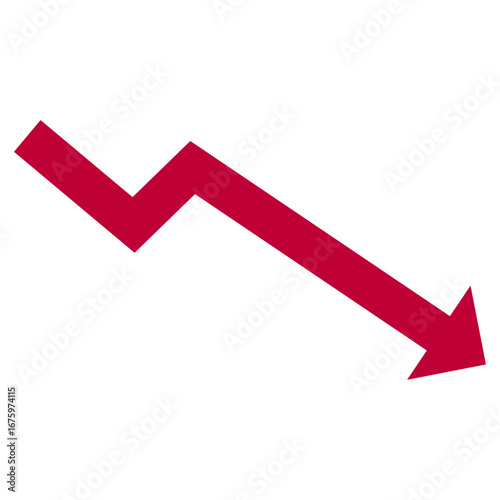 downward zigzag arrow icon in red, commonly used to represent loss, decline, decrease, failure, stock market fall, economic downturn, or negative trend.