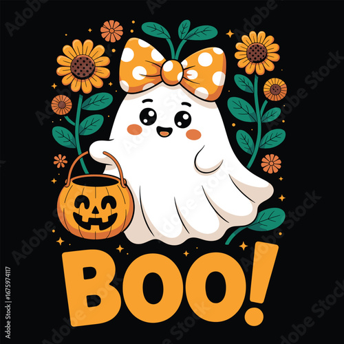 Cute kawaii ghost holding pumpkin bucket with flowers and boo text