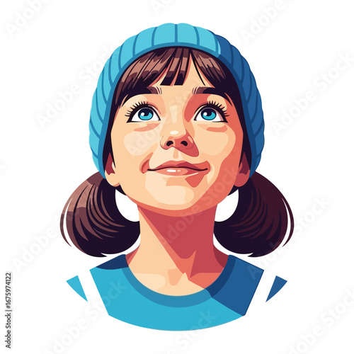 Young Girl's Curious Gaze: A charming illustration of a young girl with wide-eyed wonder and a bright smile, wearing a blue beanie, looking upwards, capturing a sense of innocence and curiosity.