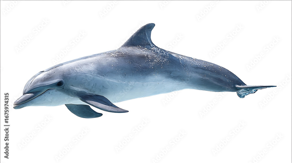 Fototapeta premium Beautiful realistic dolphin in the side view swimming through the air isolated against a white background Highresolution photography