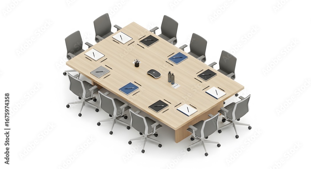 Naklejka premium Topdown view of a large oval conference table with chairs and laptops, ready for a business meeting isolated on white background