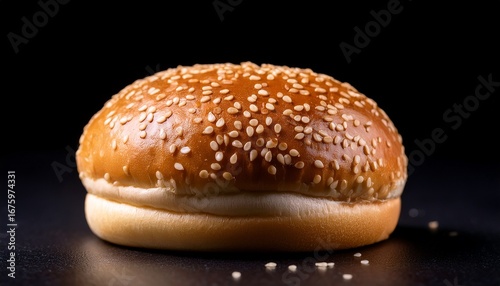 a close up view of a hamburger bun with sesame seeds on top against a black background studio shot