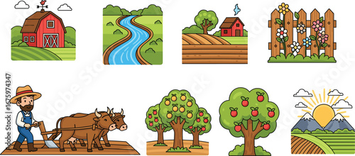 Farm life cartoon set, barn, river, apple trees, oxen, plowing, fence, sunrise, farmer, landscape, rural, cute, vector, child-friendly, agriculture, nature, countryside, drawing, stock, 