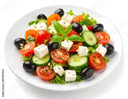 Invigorating greek salad featuring fresh vegetables with feta cheese and olives served on white dish