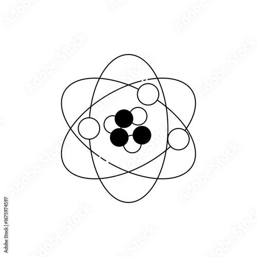 Atomic dance black nucleons snuggle white electrons orbit in their elliptical paths
