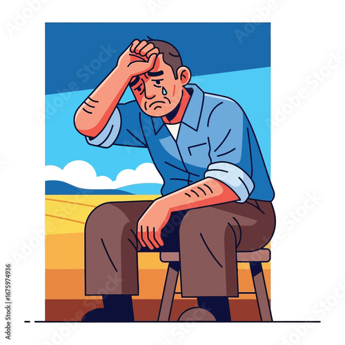 Despair in Sunlight: An illustration of a man beset by melancholy sits with a posture of dejection, head resting in his hand, the tears betraying his inner sorrow, all under the broad daylight.