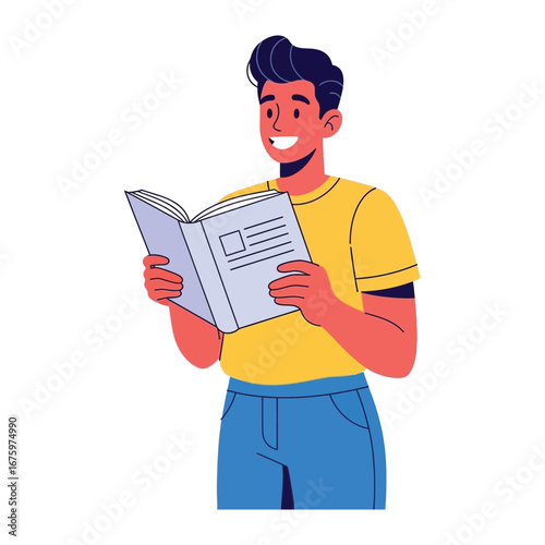 Man Immersed in Book: A vibrant illustration portrays a man absorbed in reading a book, radiating an aura of knowledge and focused concentration.