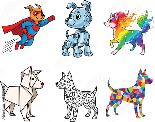 Stylized cartoon dogs, superhero, robot, fantasy, origami, mosaic, decorative art, creative pet illustration, vector bundle for stock